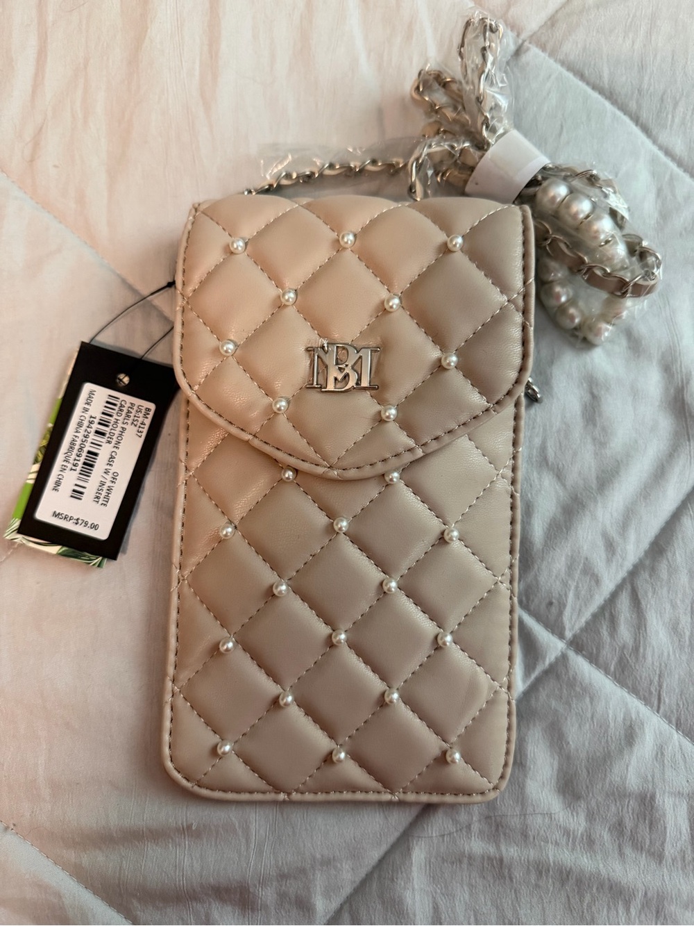 Quilted Pearl Accent Crossbody Phone Bag - Beige